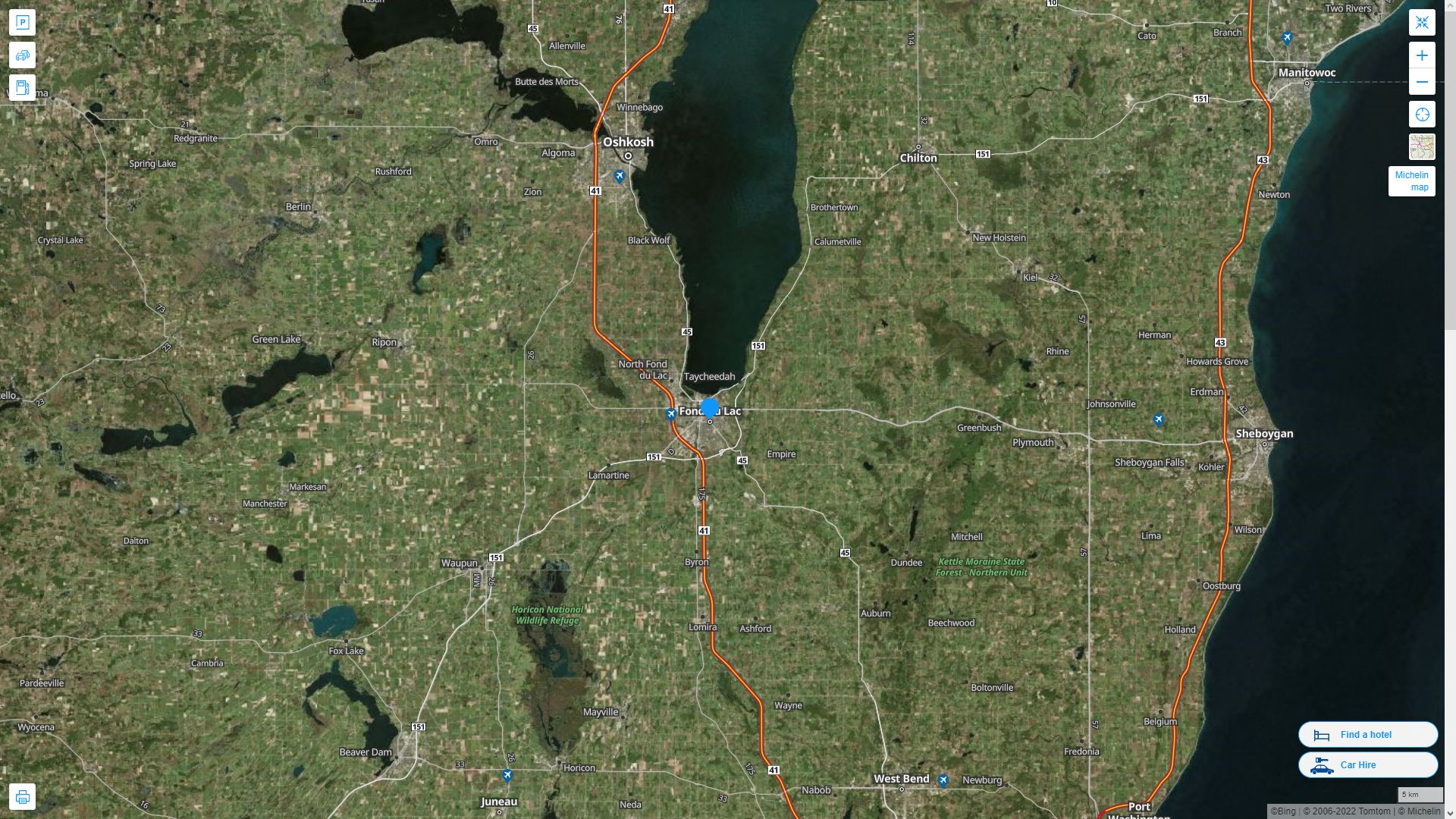 Fond du Lac Wisconsin Highway and Road Map with Satellite View